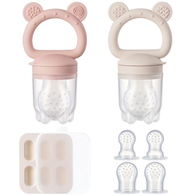 2 Pack Silicone Baby Fruit Feeder with Mini Freezer Tray Breastmilk Popsicle Molds for Baby Teething Relief Baby Teethers Fresh Food Feeder for Safe Infant Self Feeding Extra Food Pouches Pink