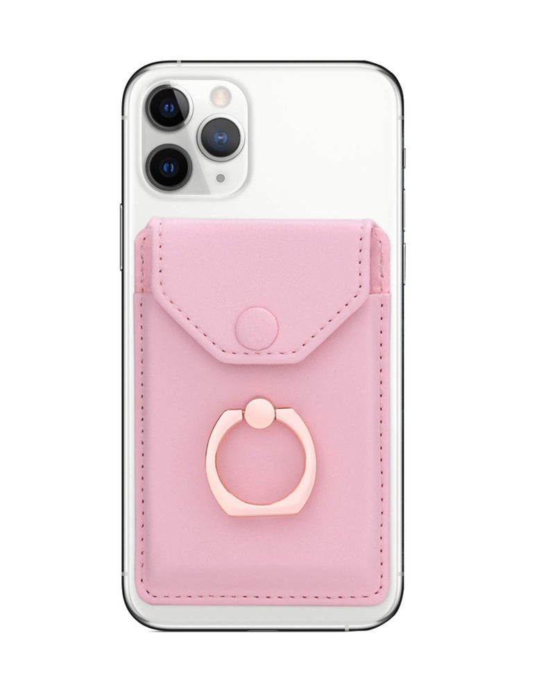 YUNCE Cell Phone Card Holder RFID Ring Stand Stick on Wallet Card Holder for Back of Phone iPhone Android and All Smartphones Adhesive Credit Card Holder Pink - Image 1