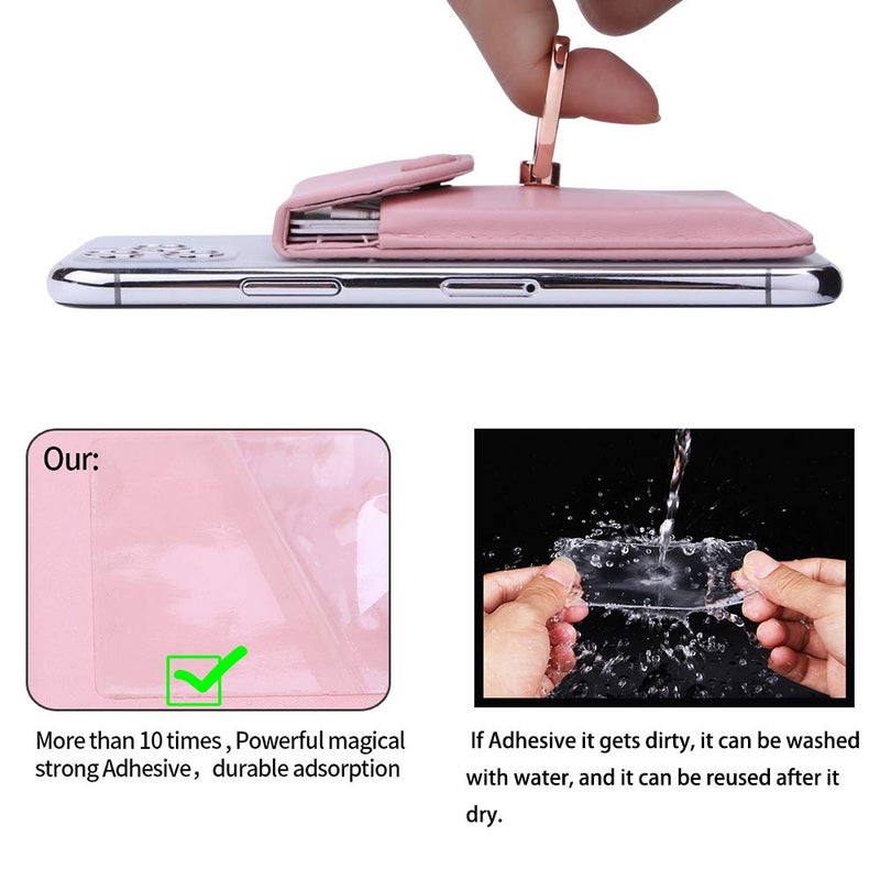 YUNCE Cell Phone Card Holder RFID Ring Stand Stick on Wallet Card Holder for Back of Phone iPhone Android and All Smartphones Adhesive Credit Card Holder Pink - Image 5