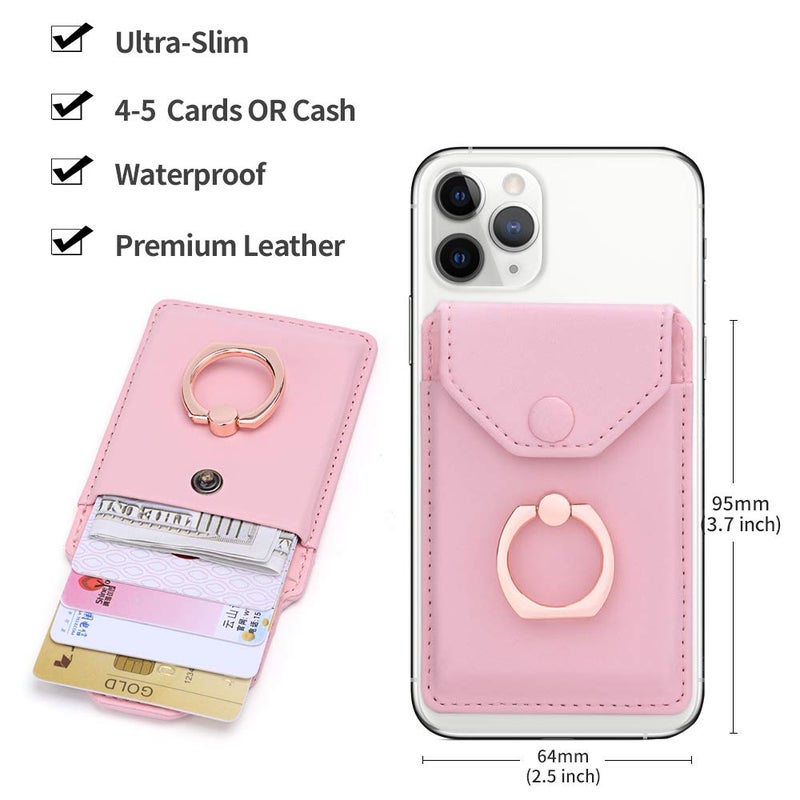YUNCE Cell Phone Card Holder RFID Ring Stand Stick on Wallet Card Holder for Back of Phone iPhone Android and All Smartphones Adhesive Credit Card Holder Pink - Image 2