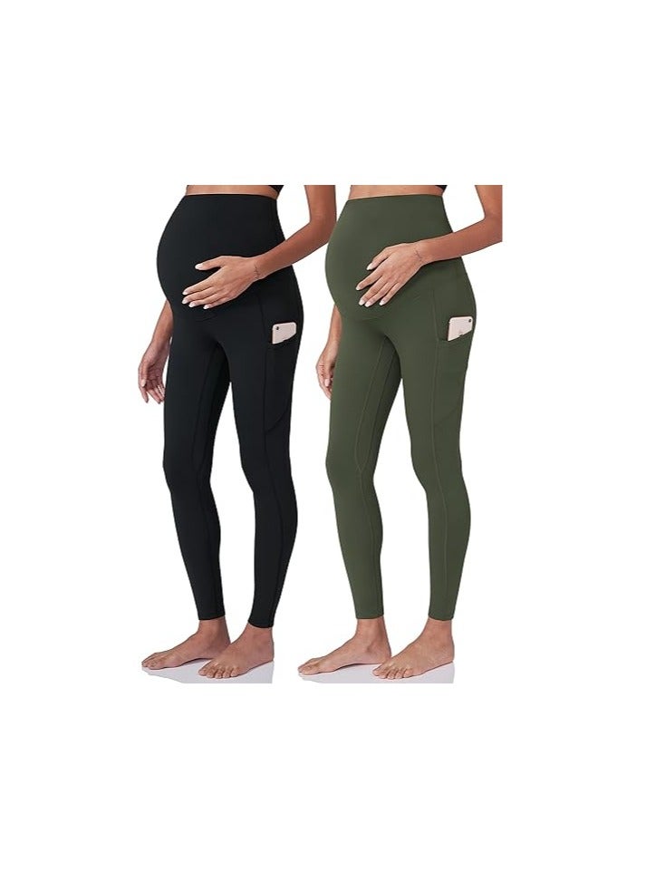 Women's Maternity Workout Leggings Over The Belly Pregnancy Yoga Pants with Pockets Soft Activewear Work Pants  - Image 1
