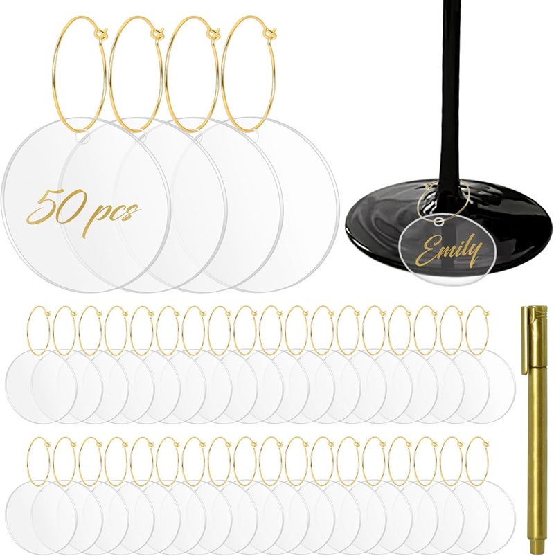 Philbinden 50 Pcs Wine Glass Charms - Round Acrylic Blank Wine Markers for Stem Glasses - Recognizer for Christmas, Wedding, Tasting, Party, Martini, Birthday Decorations - Image 1