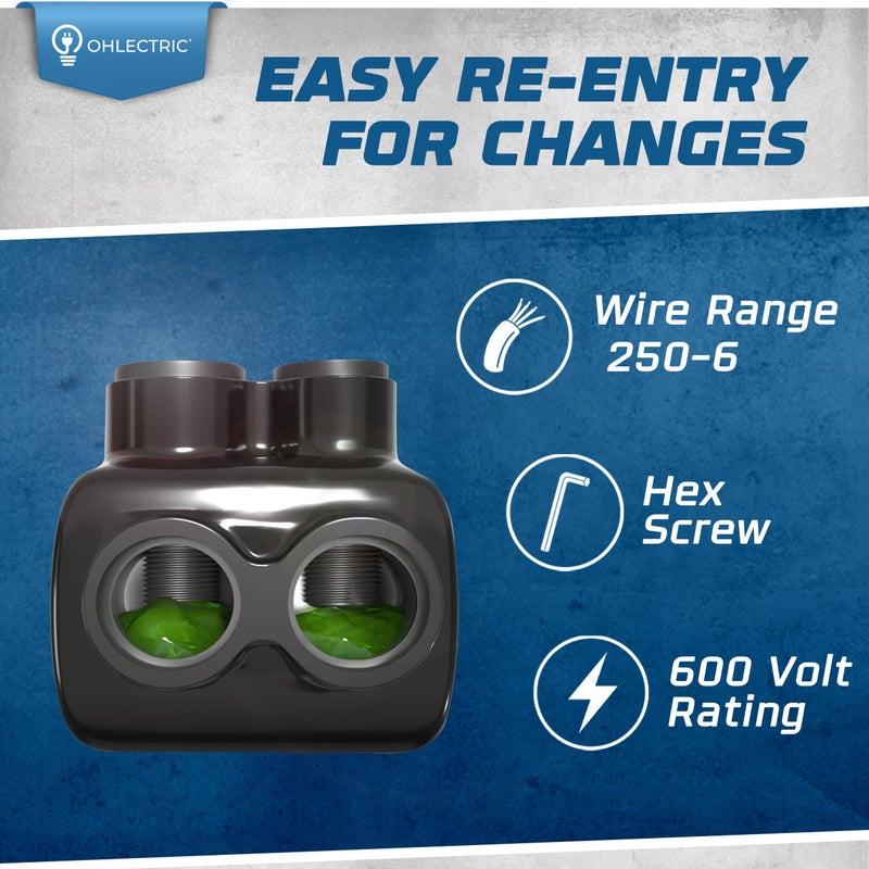 OHLECTRIC 4 Pack - Dual Side Entry - 2 Port - 250-6 AWG - Black Insulated Connector - 5/16 Allen Hex - Pre-Filled with Oxide Inhibitor - Rubber/Vinyl Coating, 6061-T6 Aluminum CU9AL - Image 3