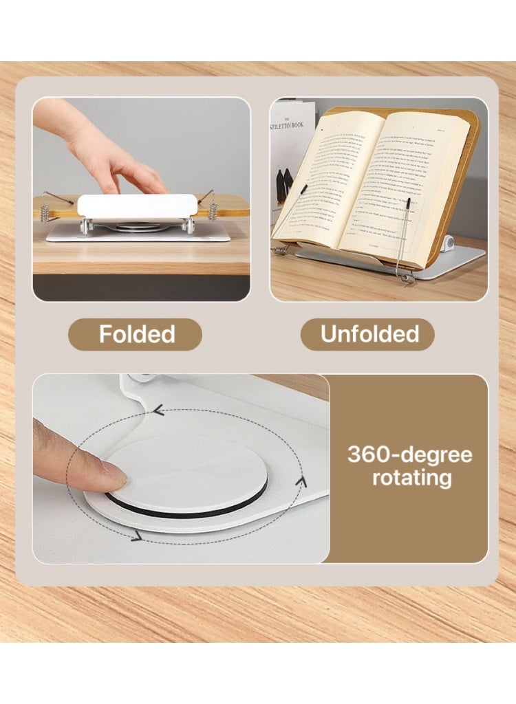 Book Stand Holder for Reading, Adjustable Holder Tray with 360° Rotating Base & Page Clips, Foldable Desktop Book Stand for Cookbook, Sheet Music, Laptop, Recipe, Textbook - Image 4