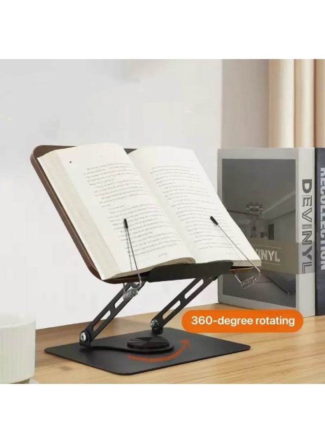 Book Stand Holder for Reading, Adjustable Holder Tray with 360° Rotating Base & Page Clips, Foldable Desktop Book Stand for Cookbook, Sheet Music, Laptop, Recipe, Textbook - Image 1