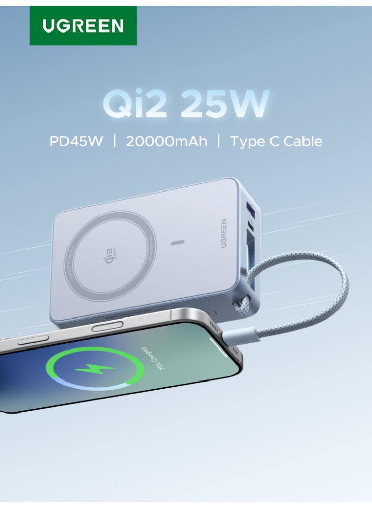 Qi2 25W 20000mAh Power Bank New MagFlow for iPhone 17 MagSafe, Built-in 45W USB-C Cable, Magnetic 25W Ultra Fast Wireless Charging, Portable Charger Compatible with iPhone 17 Pro Max/16/15 blue