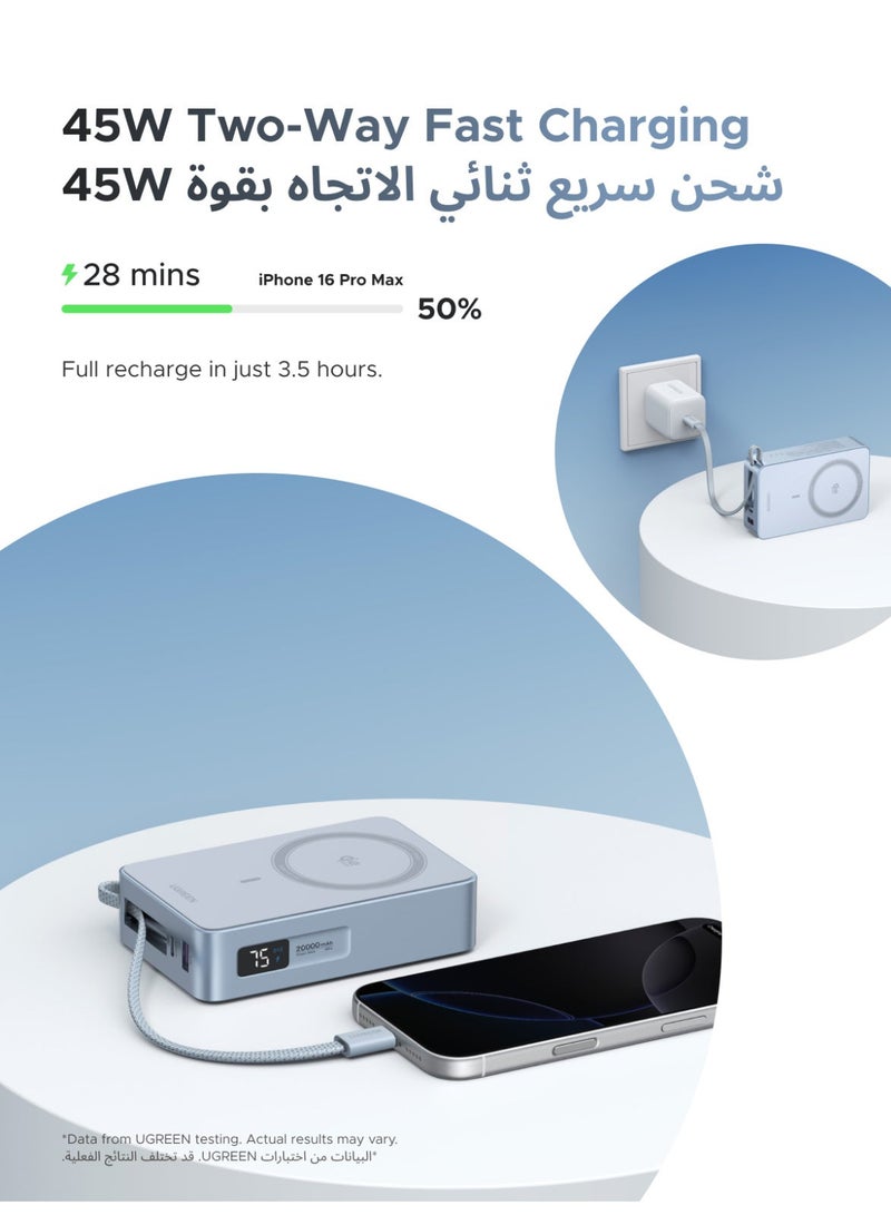 Ugreen Qi2 25W 20000mAh Power Bank New MagFlow for iPhone 17 MagSafe, Built-in 45W USB-C Cable, Magnetic 25W Ultra Fast Wireless Charging, Portable Charger Compatible with iPhone 17 Pro Max/16/15 Wireless 25W, Wired 45W - Image 3