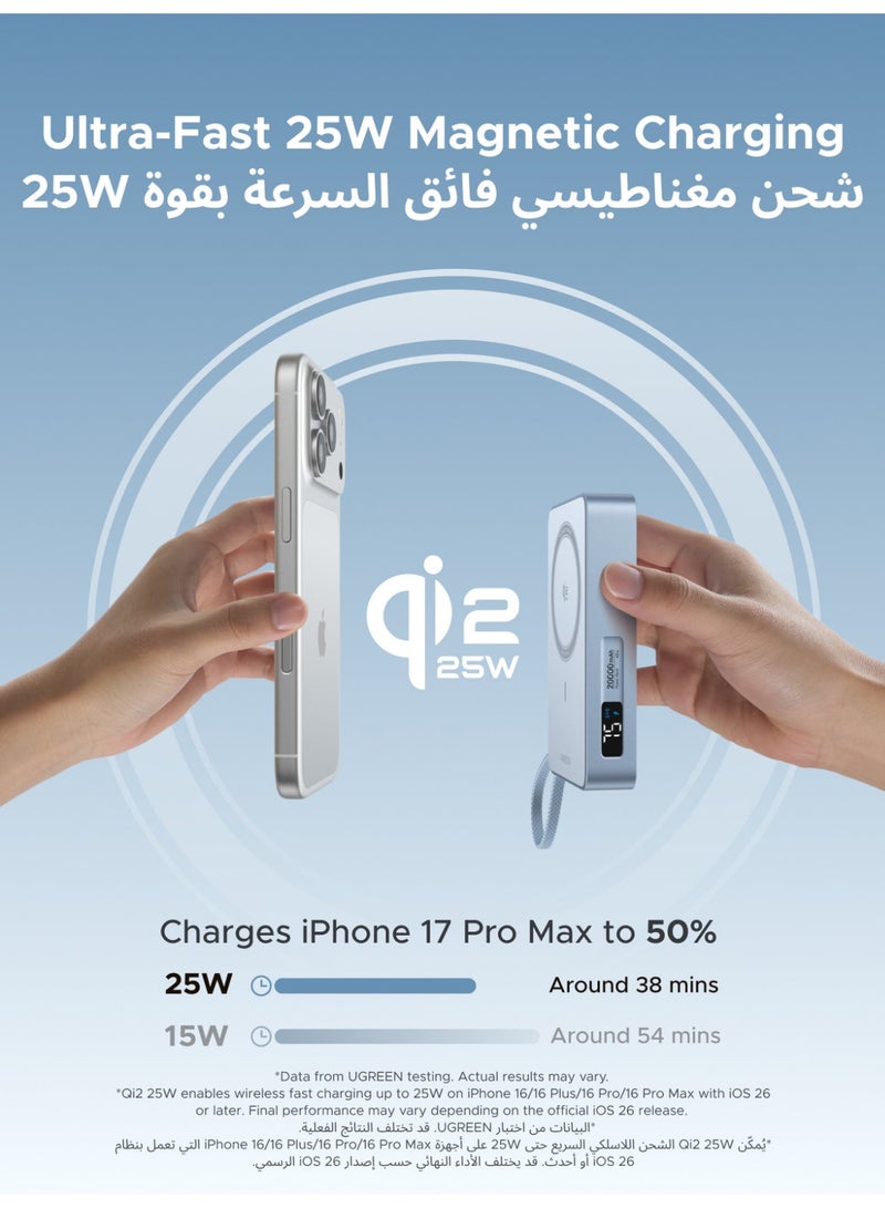 Ugreen Qi2 25W 20000mAh Power Bank New MagFlow for iPhone 17 MagSafe, Built-in 45W USB-C Cable, Magnetic 25W Ultra Fast Wireless Charging, Portable Charger Compatible with iPhone 17 Pro Max/16/15 Wireless 25W, Wired 45W - Image 2