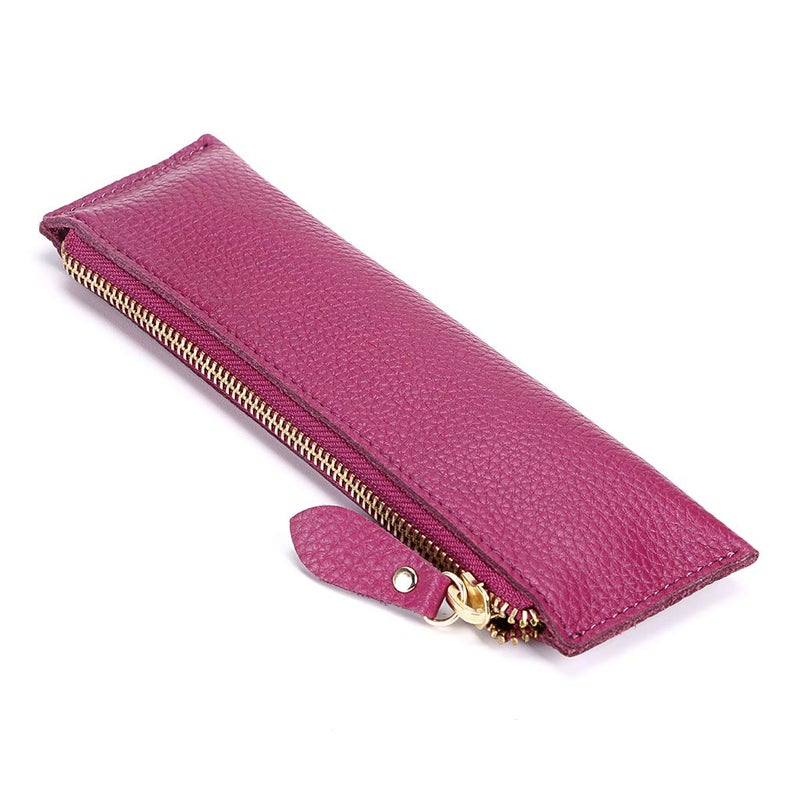BTSKY Genuine Leather Pencil Case Zippered Pen Case Stationery Bag Zipper Pouch Pencil Holder Purple