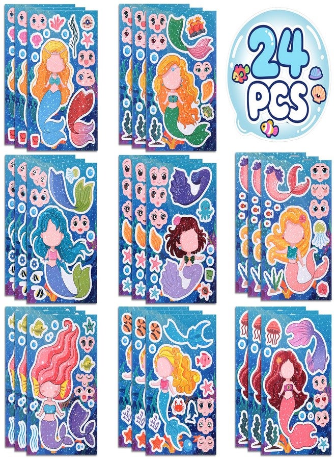 Reaeon 24 PCS 8.27’’×5.9’’ Make a Face Stickers for Kids Toddlers, Make Your Own Mix and Match Mermaid Stickers Sheets for Girls Crafts Activities, Birthday Gifts, Goodie Bags Stuffers - Image 1