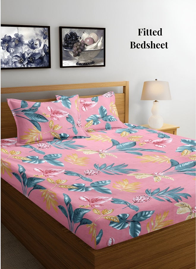 Arrabi Pink Floral Polycotton 300 TC Fitted King Fine Bedsheet with 2 Pillow Covers - Image 1