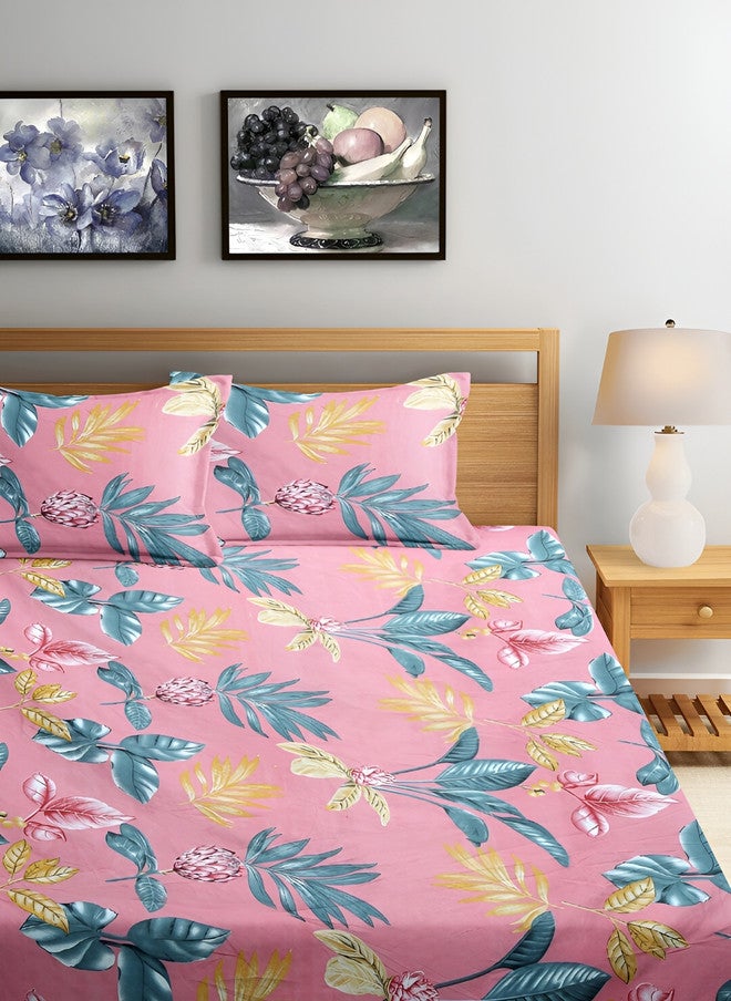 Arrabi Pink Floral Polycotton 300 TC Fitted King Fine Bedsheet with 2 Pillow Covers - Image 2