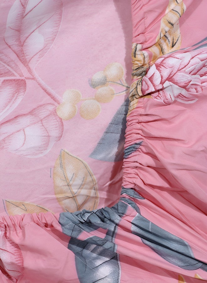 Arrabi Pink Floral Polycotton 300 TC Fitted King Fine Bedsheet with 2 Pillow Covers - Image 4