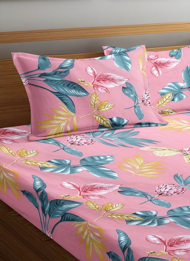 Arrabi Pink Floral Polycotton 300 TC Fitted King Fine Bedsheet with 2 Pillow Covers - Image 3
