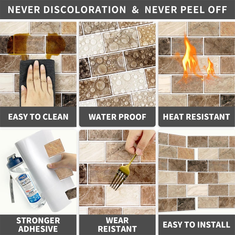 URCOLOR 10-Sheet Stick on Backsplash for Kitchen,12"x12" Peel and Stick Self Adhesive Wall Tiles Back Splashes for Bathroom Brown Marble Look - Image 4