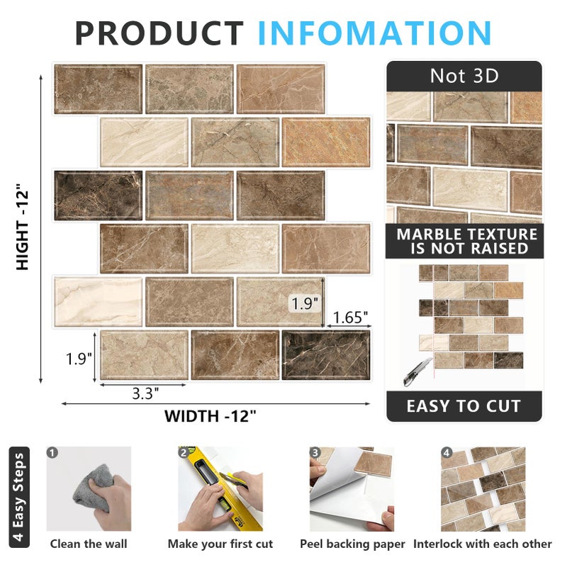 URCOLOR 10-Sheet Stick on Backsplash for Kitchen,12"x12" Peel and Stick Self Adhesive Wall Tiles Back Splashes for Bathroom Brown Marble Look - Image 5