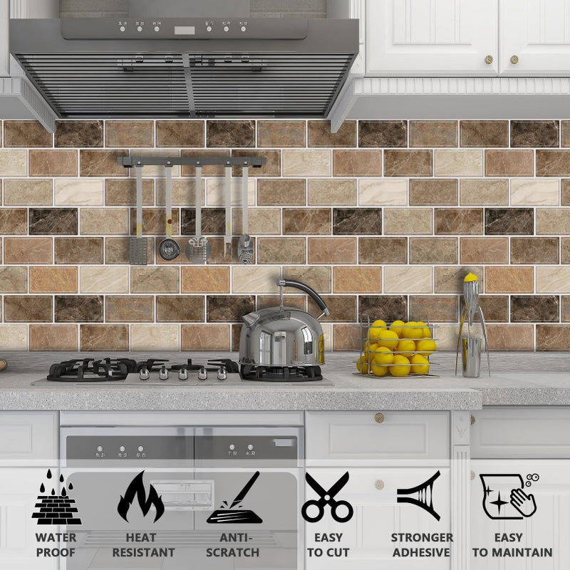 URCOLOR 10-Sheet Stick on Backsplash for Kitchen,12"x12" Peel and Stick Self Adhesive Wall Tiles Back Splashes for Bathroom Brown Marble Look - Image 3