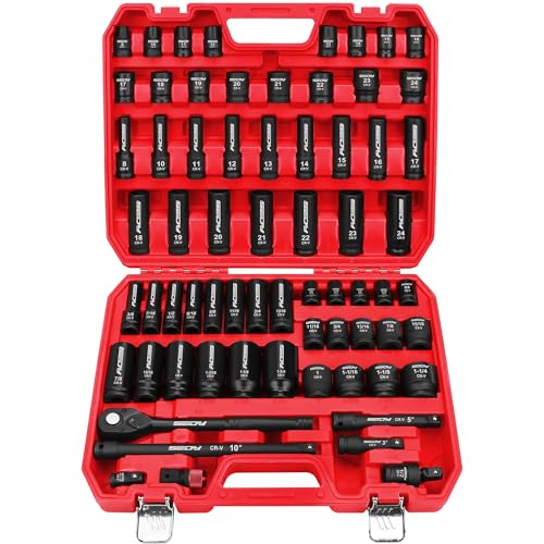 SEDY Master 1/2" Drive Impact Socket Set, 67-Piece Standard & Deep Master Impact Socket Set SAE 3/8"-1-1/4" & Metric 8-24mm Socket Set with Ratched Hand, Extension Bar, Reducer, Impact Universal Joint?Cr-V - Image 1