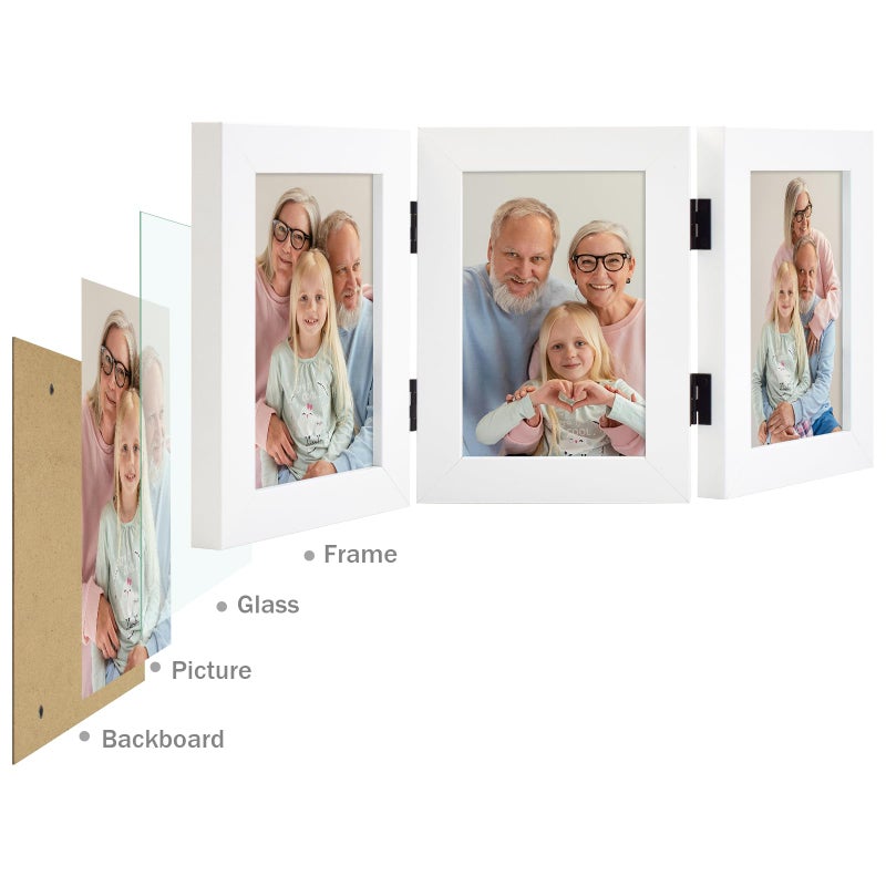 Frametory, 3 Picture Frames 4x6 Trifold Photo Frames Collage - Real Glass - Triple Folding (White, 1 Pack) - Image 3