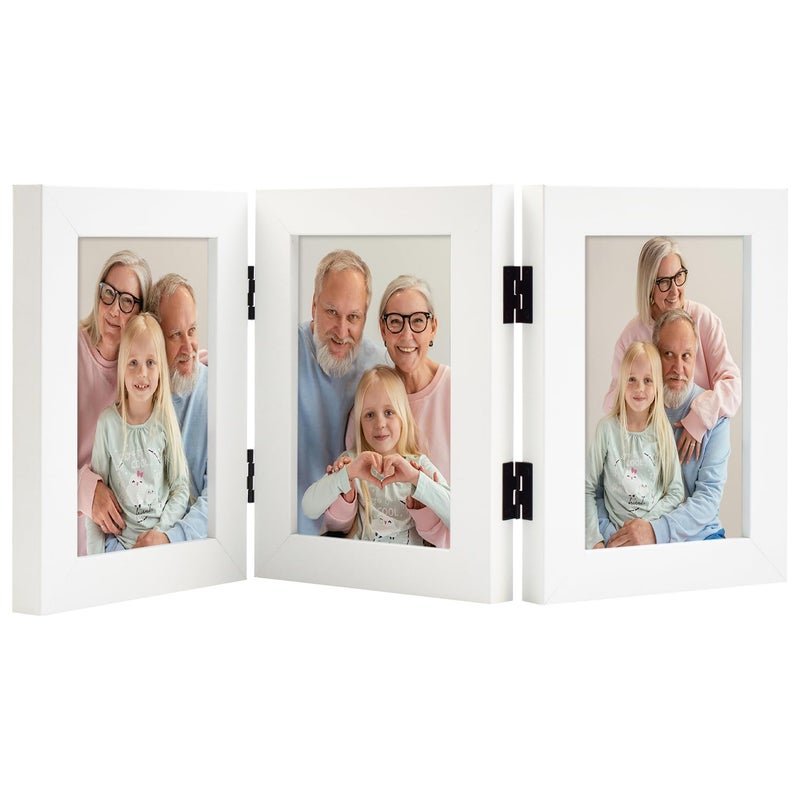 Frametory, 3 Picture Frames 4x6 Trifold Photo Frames Collage - Real Glass - Triple Folding (White, 1 Pack) - Image 1
