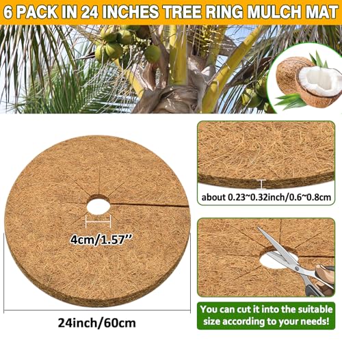 ZeeDix 6 Pack Coconut Fiber Mulch Ring, 24 Inch Coco Coir Tree Ring Mulch Mat, 100% Natural Tree Protector Mat Plant Cover Ring Coconut Coir Discs Tree Mats Mulch Rings for Indoor Outdoor Trees Plants - Image 2