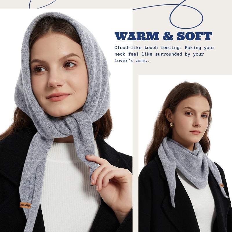 ACUSHLA 100% Merino Wool Triangle Scarf for Women Winter Neck Gaiter Warmer Knit Fashion Hooded Scarf Lightweight Soft Warm Neck Wrap for Ladies, 15.7'' X 47.2'', Light Grey - Image 3