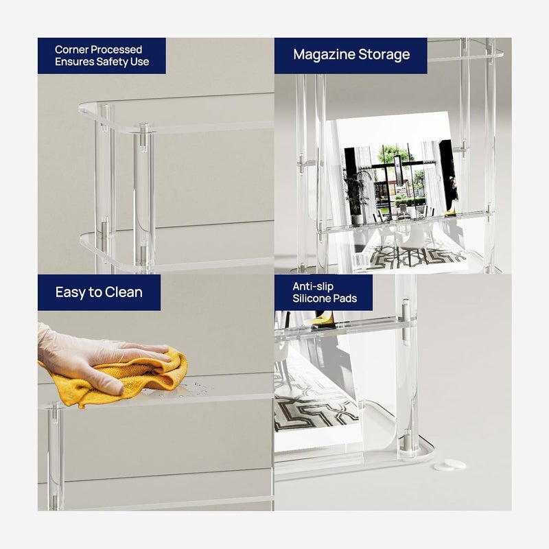 HMYHUM Acrylic Narrow End Table for Small Spaces with Magazine Holder, Slim Side Small Nightstand/Bedside Table for Living Room, Bedroom, 3 Tier, 15.7" L x 7" W x 23" H, Clear - Image 4