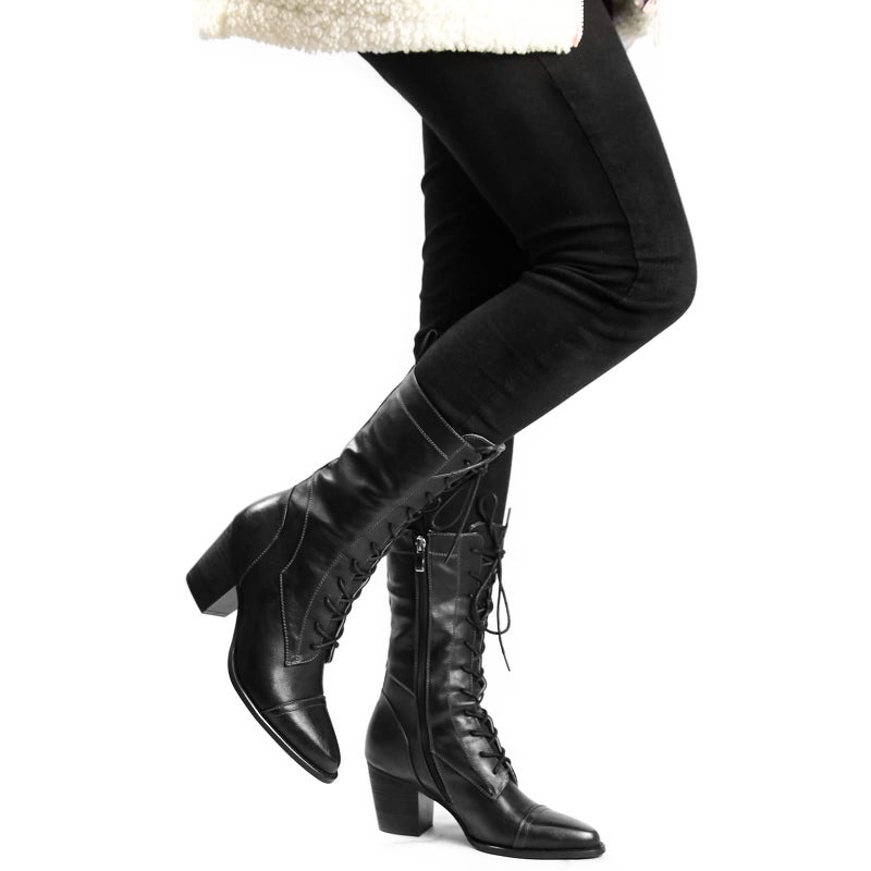 UTIKLIOU Women's Mid Calf Boots Lace-Up Combat Boots Side Zipper Fashion Winter Boots (Black size 9) - Image 2