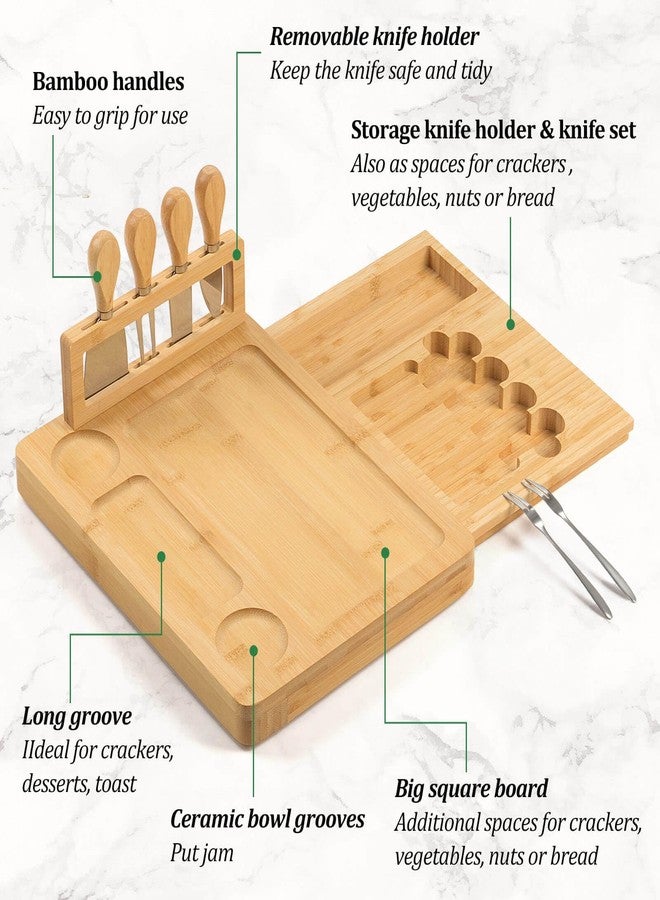 Xergur Bamboo Cheese Board Set - Charcuterie Boards and Serving Meat Platter, Cheese Tray with 4 Stainless Steel, 1 Drawers, Cheese Knives Cutting Board Platter, Ideal for Halloween, Wedding, Christmas Gifts - Image 3