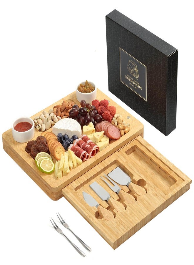 Xergur Bamboo Cheese Board Set - Charcuterie Boards and Serving Meat Platter, Cheese Tray with 4 Stainless Steel, 1 Drawers, Cheese Knives Cutting Board Platter, Ideal for Halloween, Wedding, Christmas Gifts - Image 1