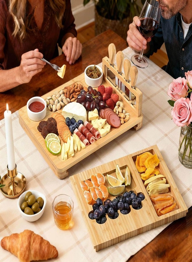 Xergur Bamboo Cheese Board Set - Charcuterie Boards and Serving Meat Platter, Cheese Tray with 4 Stainless Steel, 1 Drawers, Cheese Knives Cutting Board Platter, Ideal for Halloween, Wedding, Christmas Gifts - Image 5