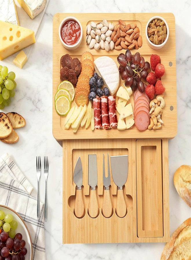 Xergur Bamboo Cheese Board Set - Charcuterie Boards and Serving Meat Platter, Cheese Tray with 4 Stainless Steel, 1 Drawers, Cheese Knives Cutting Board Platter, Ideal for Halloween, Wedding, Christmas Gifts - Image 4