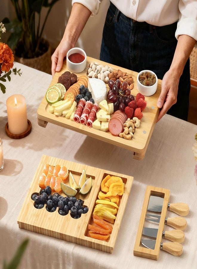 Xergur Bamboo Cheese Board Set - Charcuterie Boards and Serving Meat Platter, Cheese Tray with 4 Stainless Steel, 1 Drawers, Cheese Knives Cutting Board Platter, Ideal for Halloween, Wedding, Christmas Gifts - Image 2