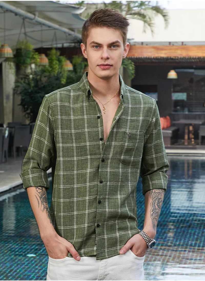 كامبوس سوترا Men's Olive Green BiGraph-Check Shirt