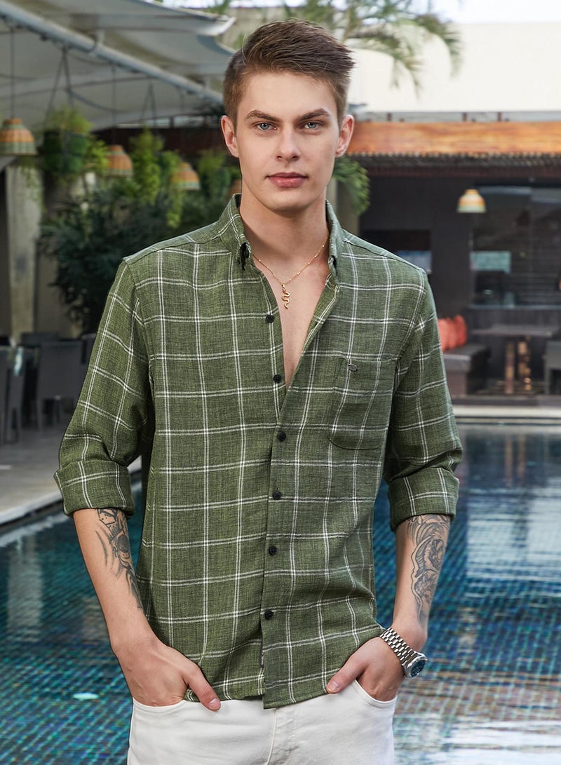 Campus Sutra Men's Olive Green BiGraph-Check Shirt  - Image 2