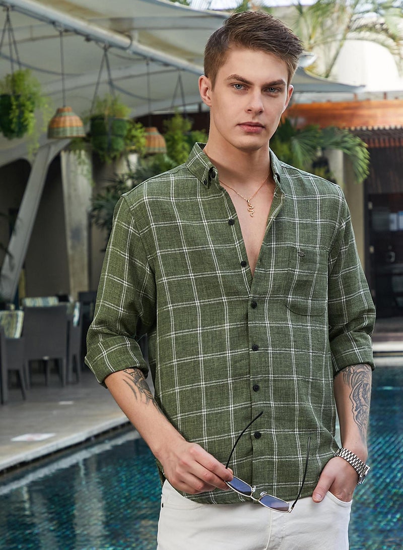 Campus Sutra Men's Olive Green BiGraph-Check Shirt  - Image 1