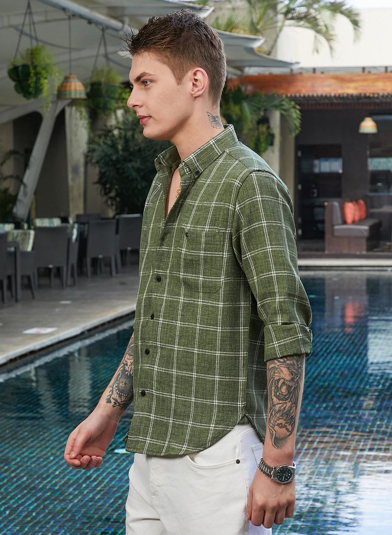 Campus Sutra Men's Olive Green BiGraph-Check Shirt  - Image 3