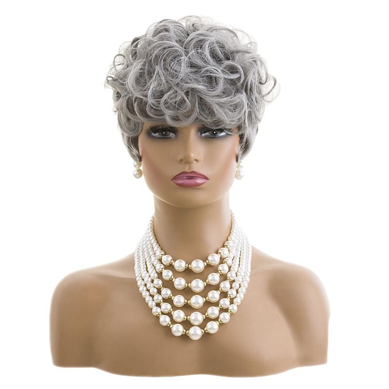 MOONSHOW Short Grey Wigs for Black Women Grey Pixie Cut Wig Short Gray Wigs for Blcak Women Synthetic Gray Curly Pixie Wig for Old Women - Image 3
