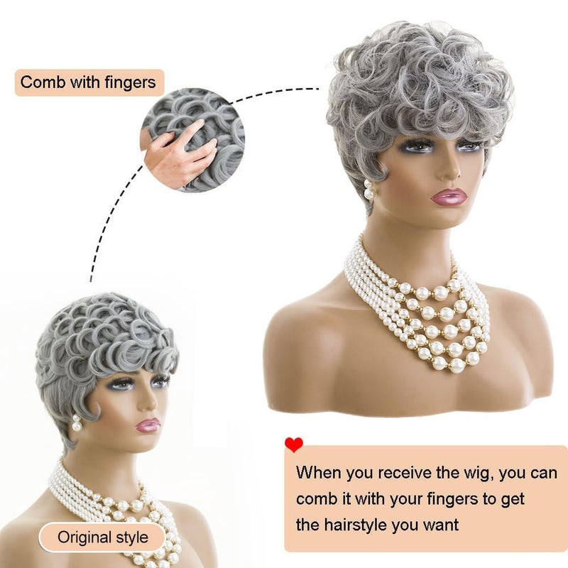 MOONSHOW Short Grey Wigs for Black Women Grey Pixie Cut Wig Short Gray Wigs for Blcak Women Synthetic Gray Curly Pixie Wig for Old Women - Image 5