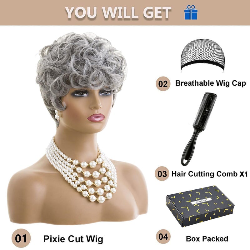 MOONSHOW Short Grey Wigs for Black Women Grey Pixie Cut Wig Short Gray Wigs for Blcak Women Synthetic Gray Curly Pixie Wig for Old Women - Image 2