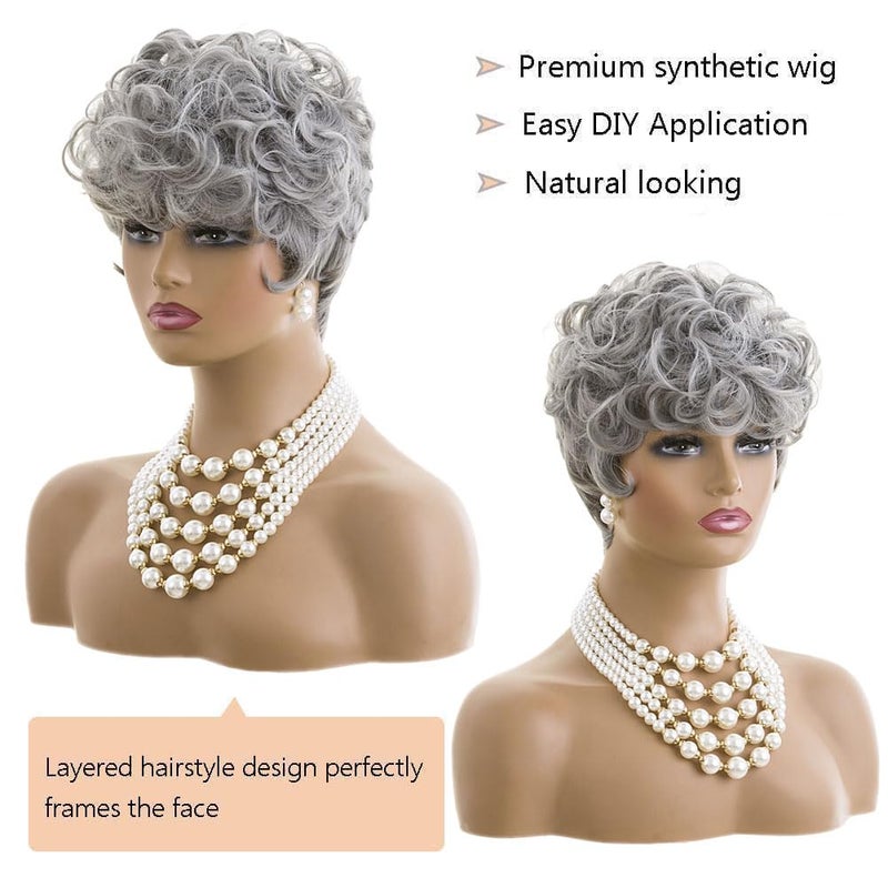 MOONSHOW Short Grey Wigs for Black Women Grey Pixie Cut Wig Short Gray Wigs for Blcak Women Synthetic Gray Curly Pixie Wig for Old Women - Image 4