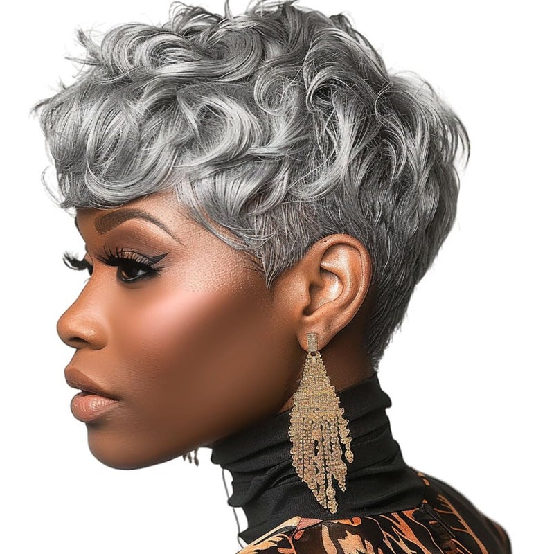 MOONSHOW Short Grey Wigs for Black Women Grey Pixie Cut Wig Short Gray Wigs for Blcak Women Synthetic Gray Curly Pixie Wig for Old Women - Image 1