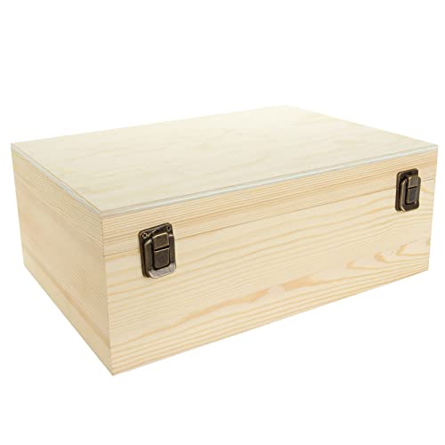 DAJAVE Unfinished Wooden Box, 12x9x5 Inch Large Wooden Box with Hinged Lid and Front Clasp, Pine Wood Box DIY Craft Stash Boxes for Arts Hobbies and Home Storage - Image 1