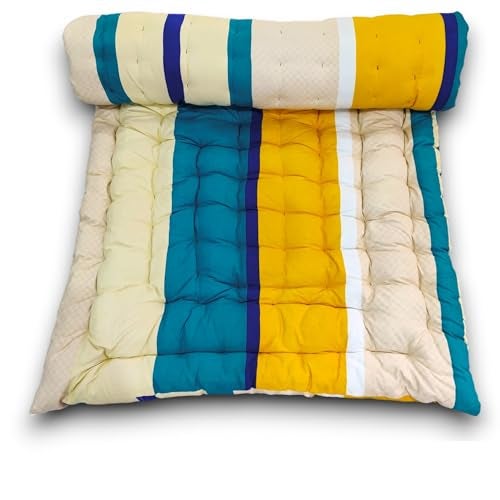Deevine Craft Floral Floor Cotton Quilt Mattress 72X72 Inch 3D Beige Design Quilted Japanese Futon Stripped Pattern, Foldable Rollable Light Weight Sleeping Mat Double Bed Mattress - Image 1