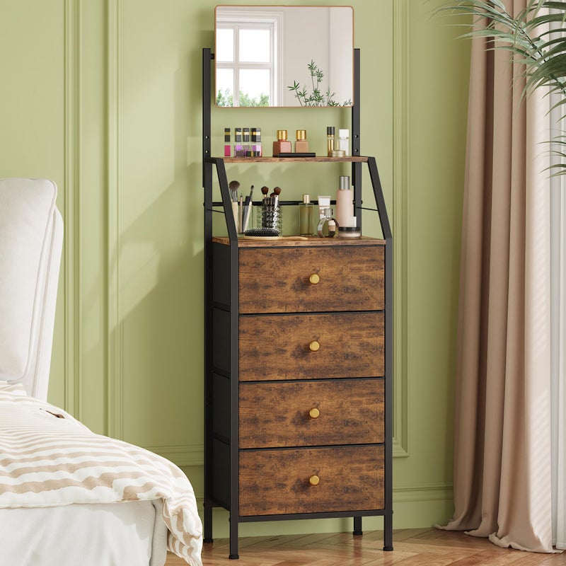 HIGDBFE Dresser with Mirror, 4 Drawers Dresser with 2-Tier Shelves, Freestanding Fabric Chest of Drawers for Small Space, Tall Narrow Nightstand Vanity for Bedroom, Hallway, Dorm, Rustic Brown, 15.3"W - Image 1