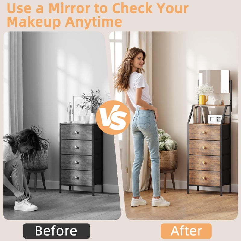HIGDBFE Dresser with Mirror, 4 Drawers Dresser with 2-Tier Shelves, Freestanding Fabric Chest of Drawers for Small Space, Tall Narrow Nightstand Vanity for Bedroom, Hallway, Dorm, Rustic Brown, 15.3"W - Image 2