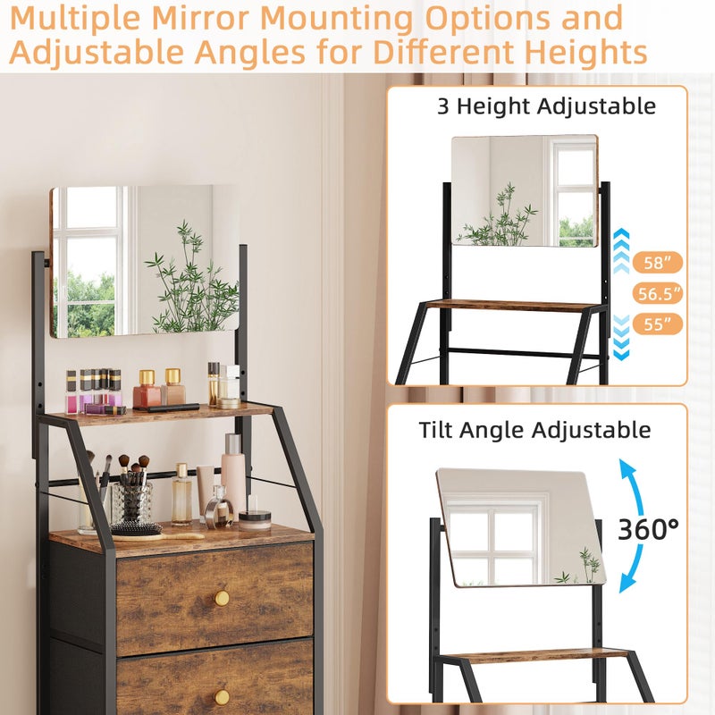 HIGDBFE Dresser with Mirror, 4 Drawers Dresser with 2-Tier Shelves, Freestanding Fabric Chest of Drawers for Small Space, Tall Narrow Nightstand Vanity for Bedroom, Hallway, Dorm, Rustic Brown, 15.3"W - Image 4