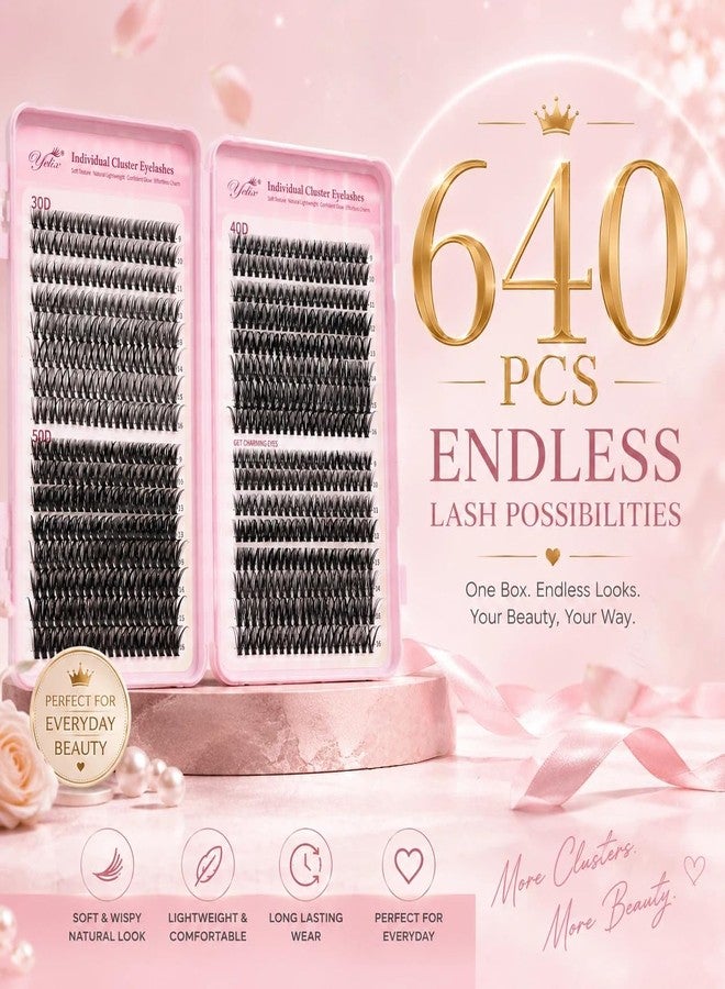 YELIX 640pcs 30D 40D 50D Wispy Lash Clusters 9-15mm Mixed Length, Thin Band Individual Lashes Eyelashes Beginner Friendly Natural Fluffy Look DIY at Home Lightweight Comfortable - Image 2