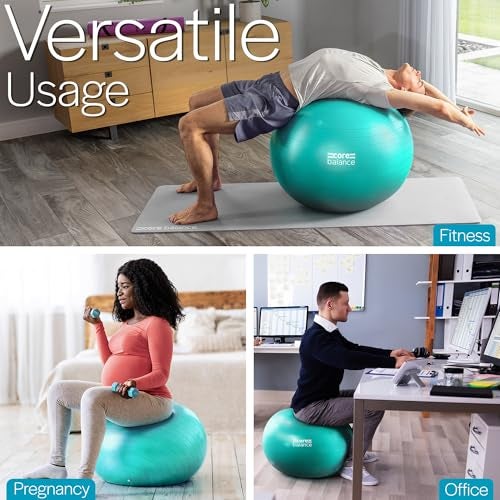 Core Balance Exercise Ball for Workouts, Anti-Burst and Slip Resistant, Swiss Yoga Ball for Pregnancy, Stability, Fitness and Physical Therapy, 4 Sizes, with Pump (29" / 75cm Teal) - Image 3