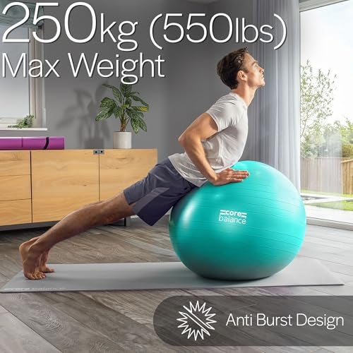 Core Balance Exercise Ball for Workouts, Anti-Burst and Slip Resistant, Swiss Yoga Ball for Pregnancy, Stability, Fitness and Physical Therapy, 4 Sizes, with Pump (29" / 75cm Teal) - Image 4